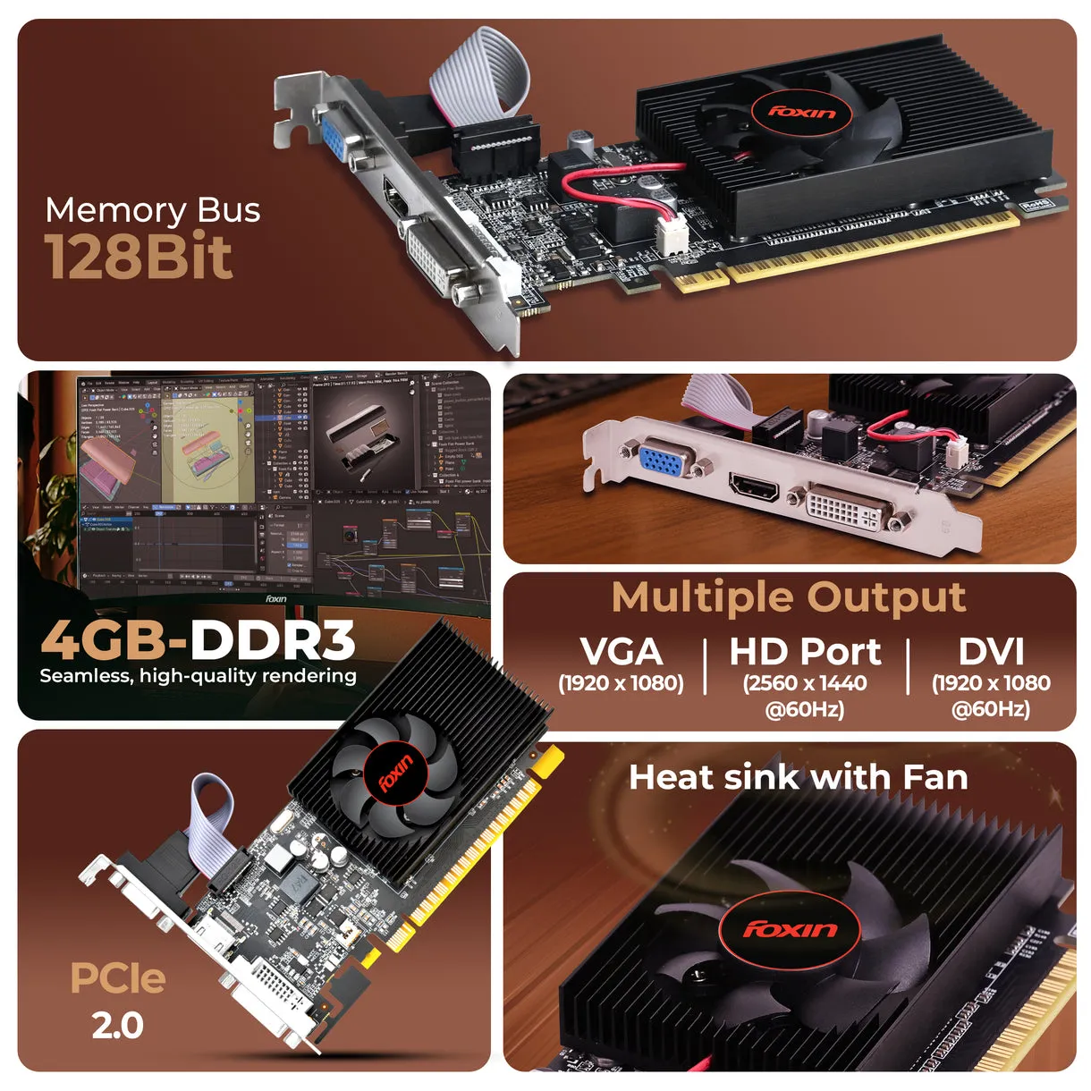 Foxin Nvidia Graphic Card GT730 4GB DDR3 with HDMI, DVI, VGA Port view 2